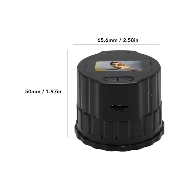 Black wireless telescope camera adapter shown on a white background, with a small preview screen on top and size dimensions labeled 65.6 mm wide and 50 mm high.